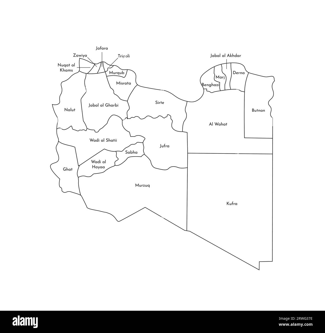 Vector isolated illustration of simplified administrative map of Libya. Borders and names of the districts (regions). Black line silhouettes. Stock Vector