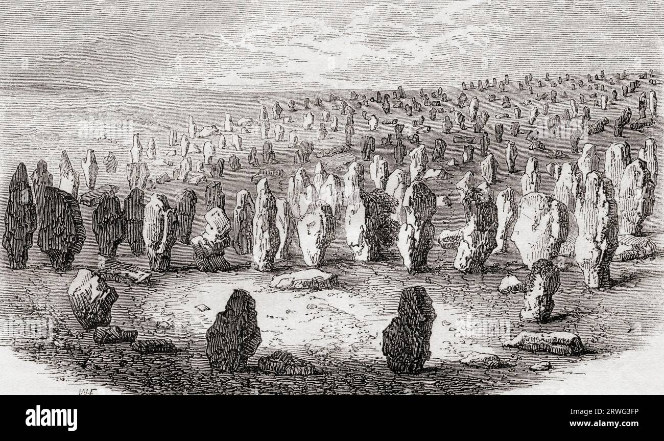 The Carnac Stones, Morbihan, Brittany, France, seen here in the mid-19th century.  From Cassell's Illustrated History of England, published 1857. Stock Photo
