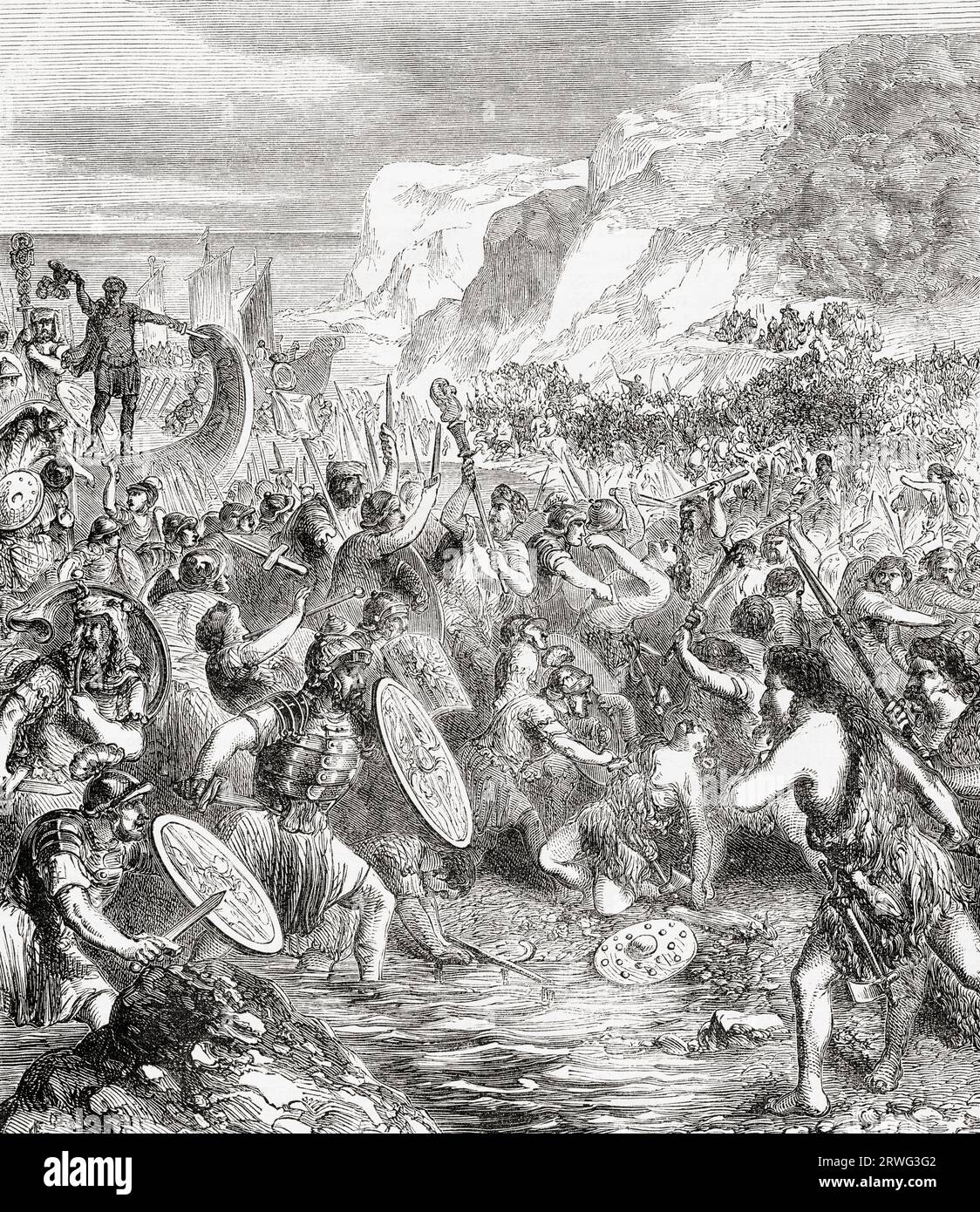 The landing of Julius Caesar in Great Britain, 55/54BC.  From Cassell's Illustrated History of England, published 1857. Stock Photo