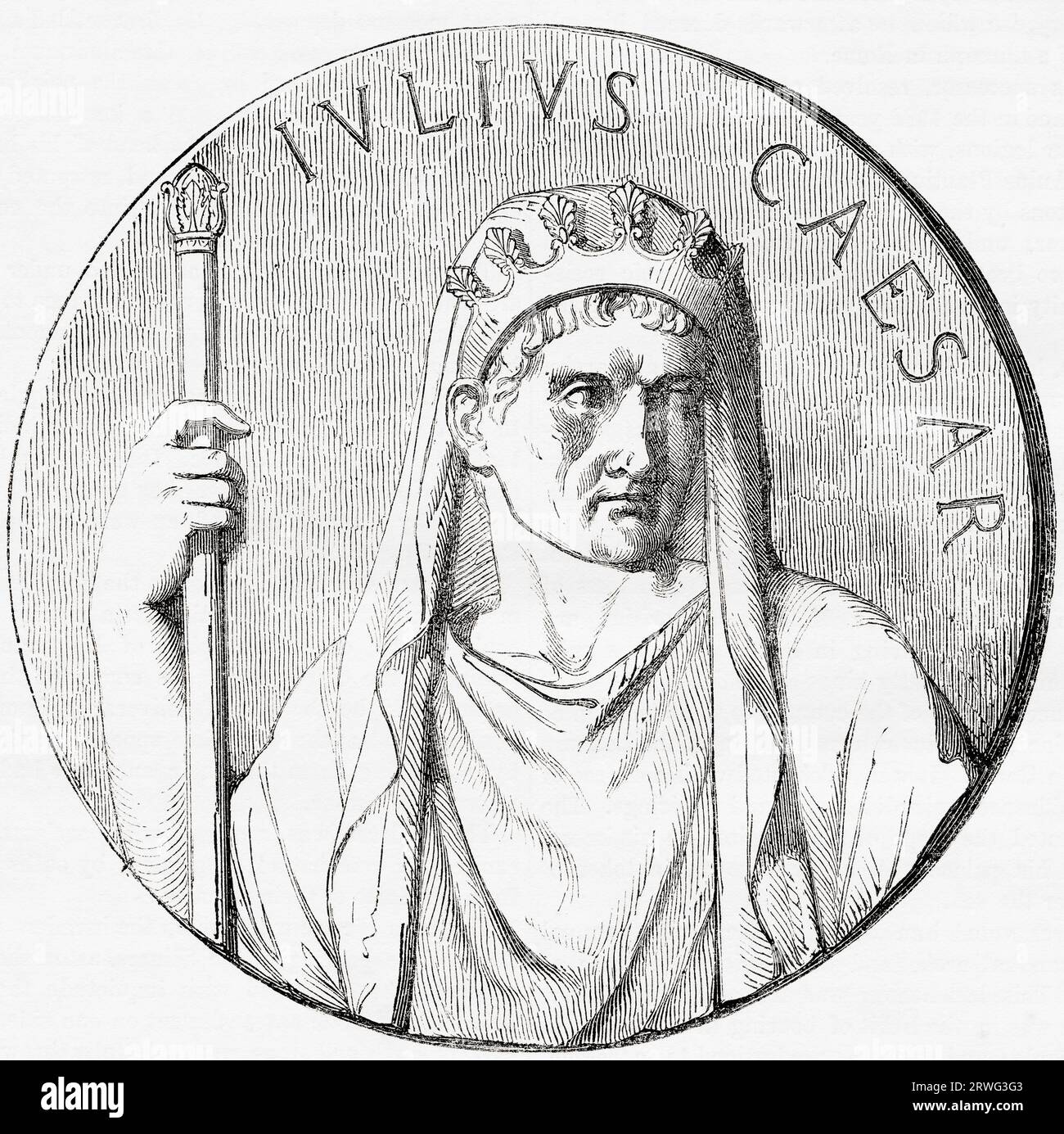 Julius Caesar, 100 BC-44 BC.  Dictator of the Roman Republic, military general, politician, author of his own histories.  From Cassell's Illustrated History of England, published 1857. Stock Photo