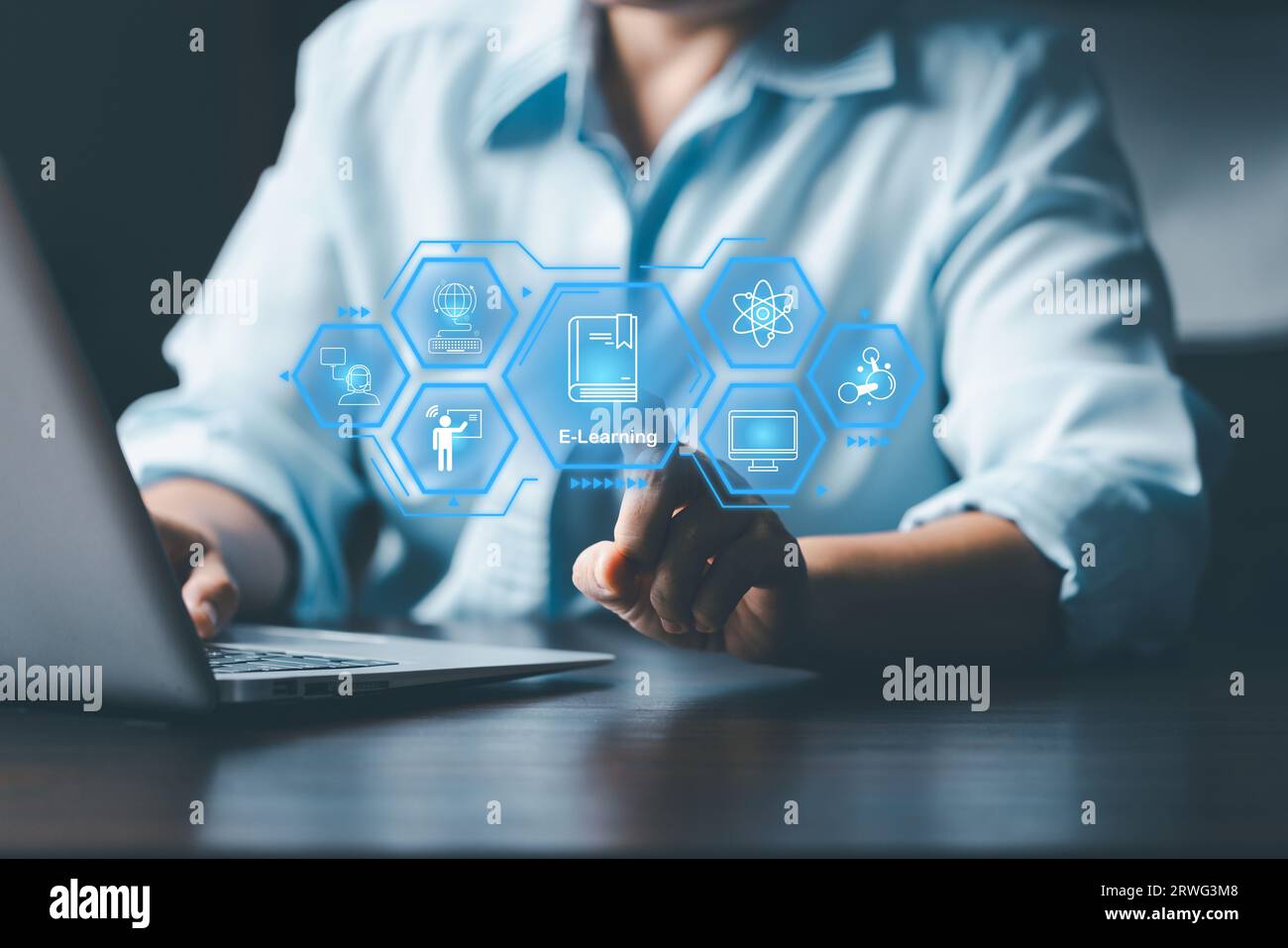 E-learning education internet technology webinar online courses concept. Online education training and e-learning webinar on internet for personal dev Stock Photo