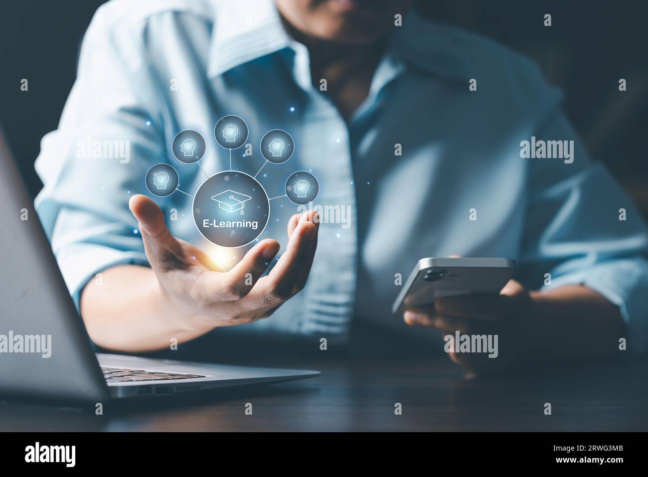 E-learning education internet technology webinar online courses concept. Online education training and e-learning webinar on internet for personal dev Stock Photo