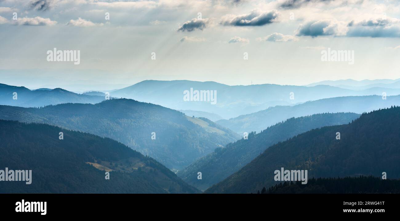 moody panoramic Black Forest landscape on Feldberg summit near Titisee-Neustadt, Baden Wuerttemberg, Germany Stock Photo