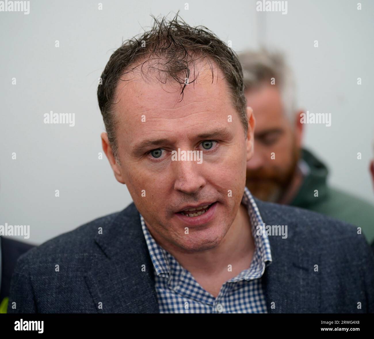 Agriculture Minister Charlie McConalogue speaking to the media during the National Ploughing Championships at Ratheniska, Co Laois. Picture date: Tuesday September 19, 2023. Stock Photo