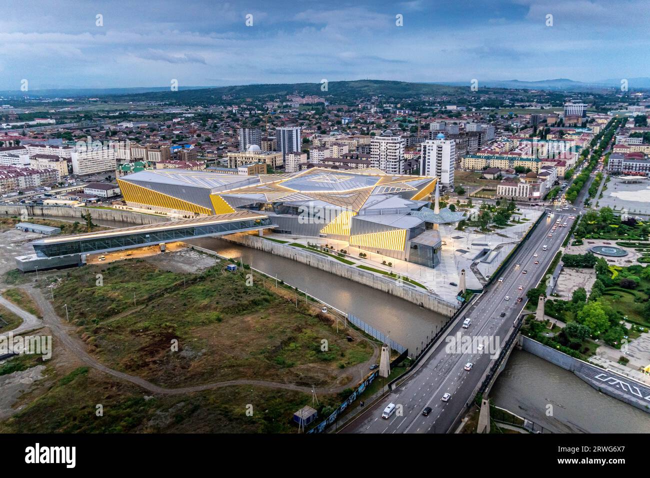 View on the city of Grozny, Grozny Mall and Sunzha River in Chechen Republic (Chechnya) in Russia. Stock Photo