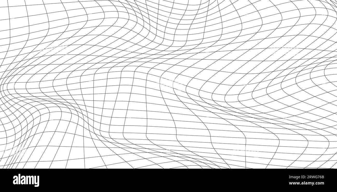 Distorted wave monochrome texture. dynamical rippled surface. Vector mesh grid pattern of lines Stock Vector