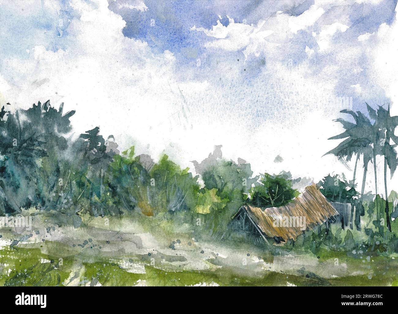 Countryside Broken House Hand drawn Watercolor Painting Artist Piya