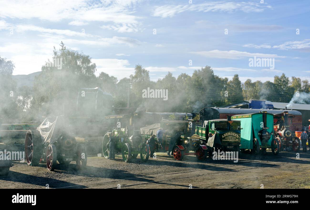 Boat of Garten Scotland steam rally Traction engines or road locomotives early morning preparations with clouds of smoke Stock Photo