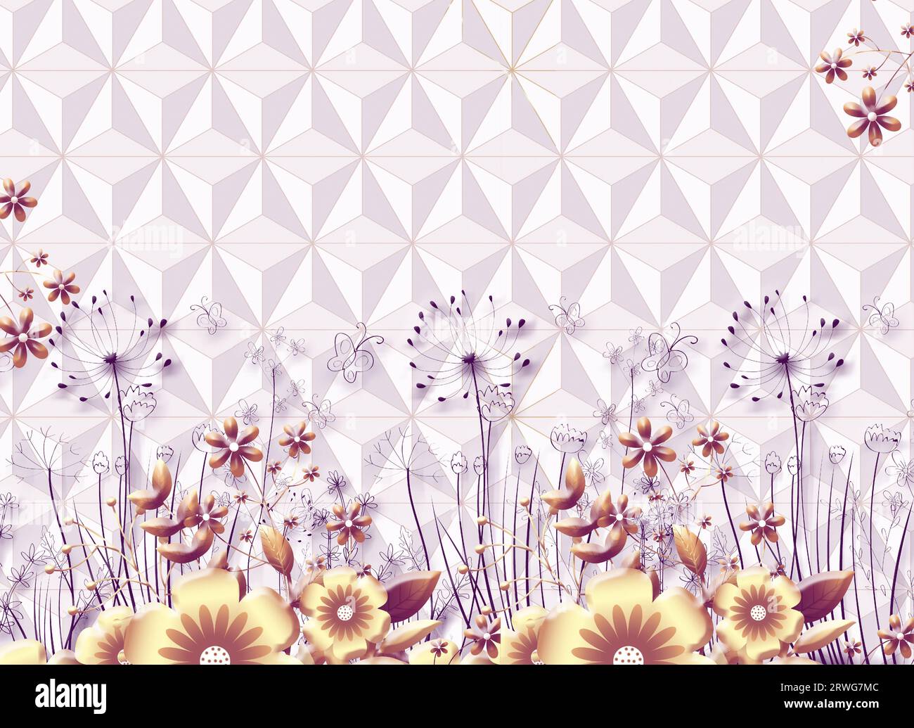 3d spring flower tile background illustration wallpaper for home decoration  |  beautiful wall background  |  home decoration wallpapers Stock Photo
