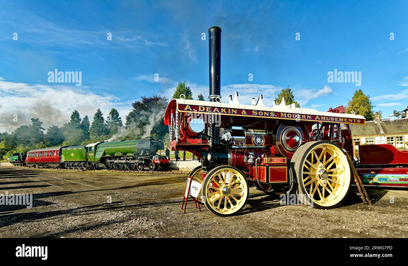 Flying Scotsman steam train at Boat of Garten Scotland smoke and A