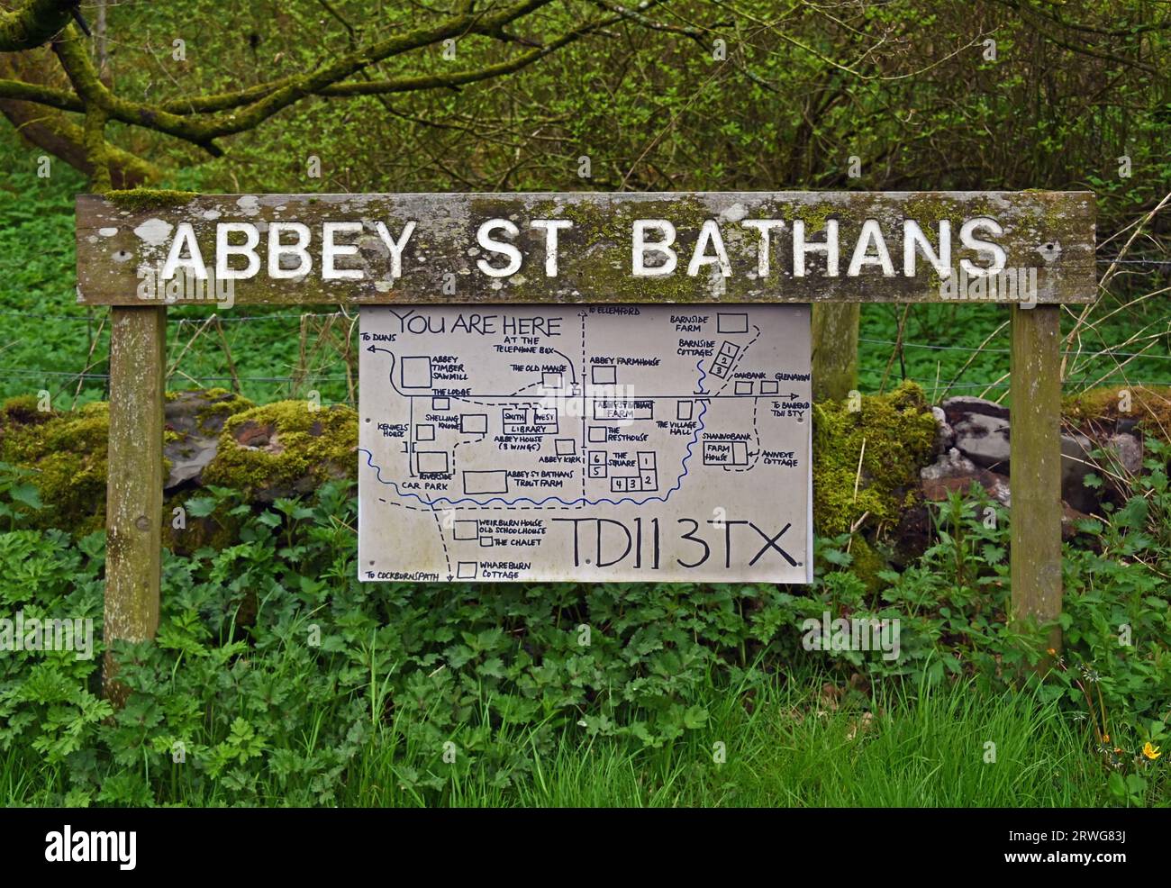 Village Sign 'Abbey St Bathans' and Location Map ' You are here'.  Abbey St. Bathans, Berwickshire, Scottish Borders, Scotland, United Kingdom, Europe Stock Photo