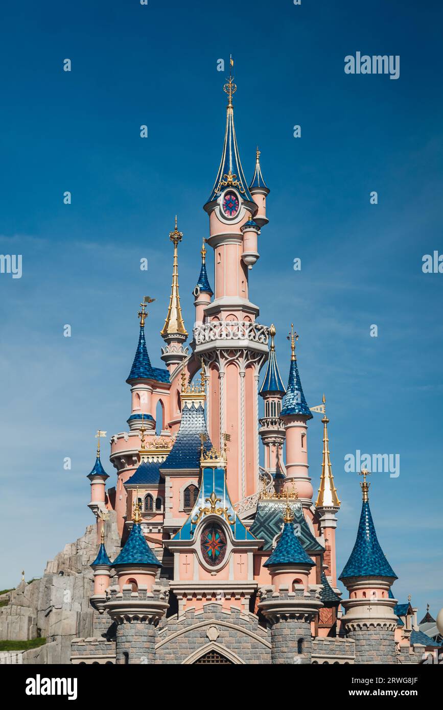 Paris, France- September 2023: The iconic castle at the amusement park Disneyland Stock Photo