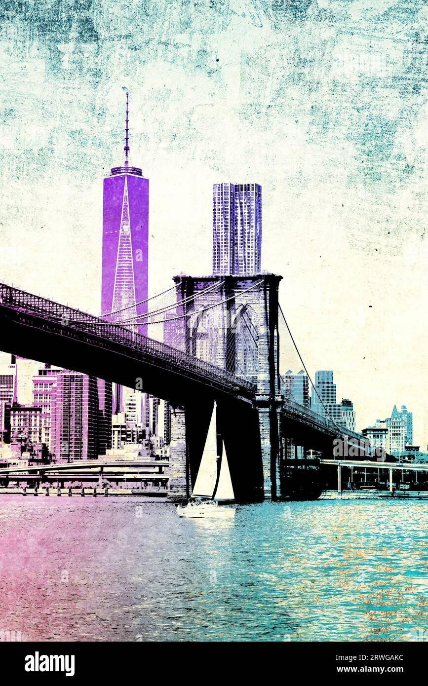 Illustration of the Brooklyn Bridge and One World Trade Center along the East River. Stock Photo
