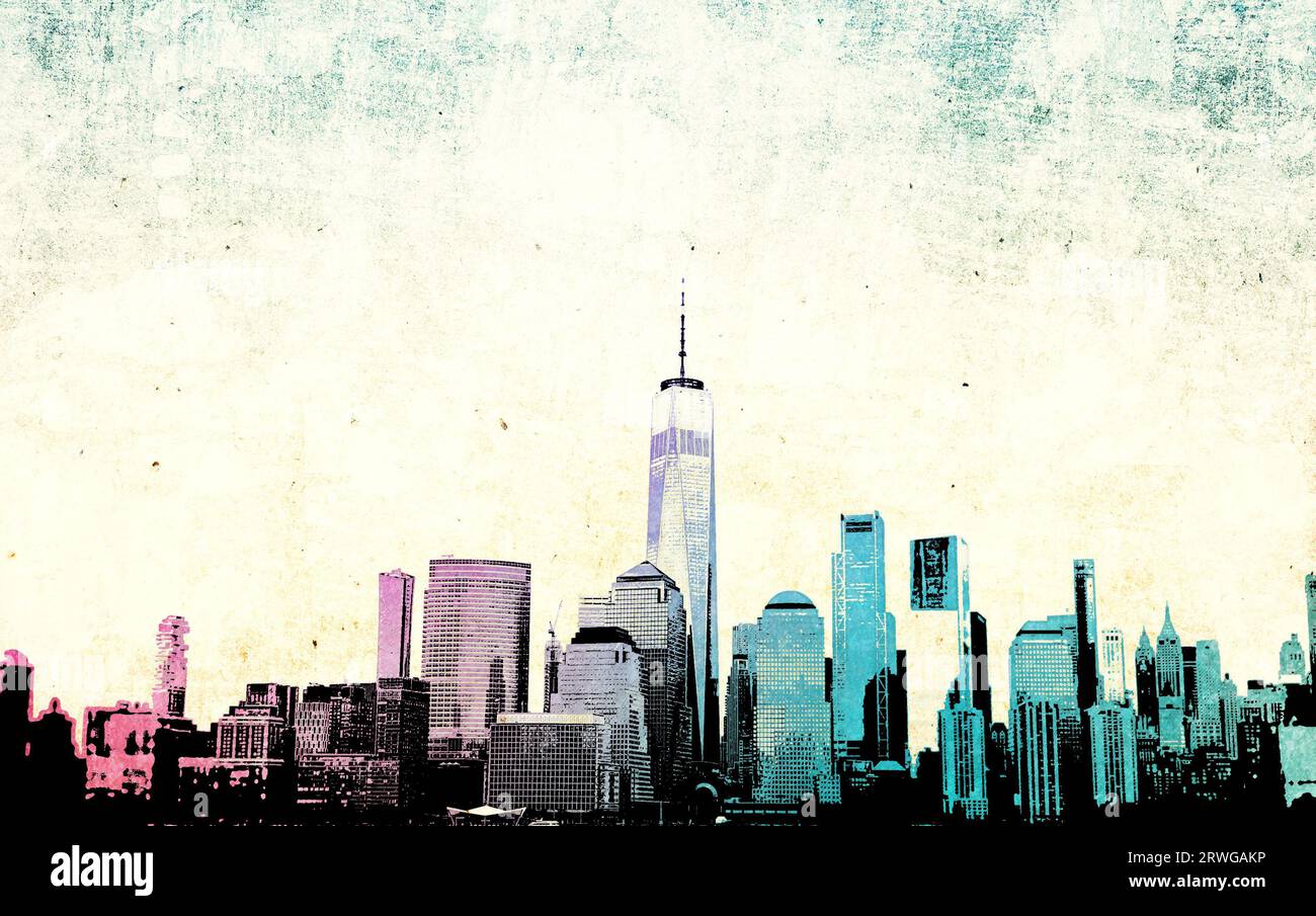 Illustration of the Lower Manhattan skyline along the Hudson River. Stock Photo