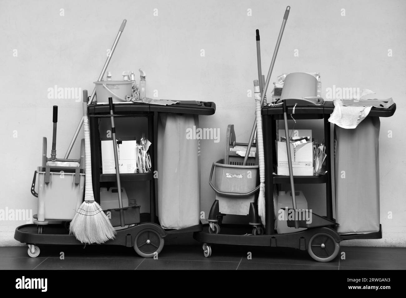 Cleaning trolley and implements Stock Photo Alamy