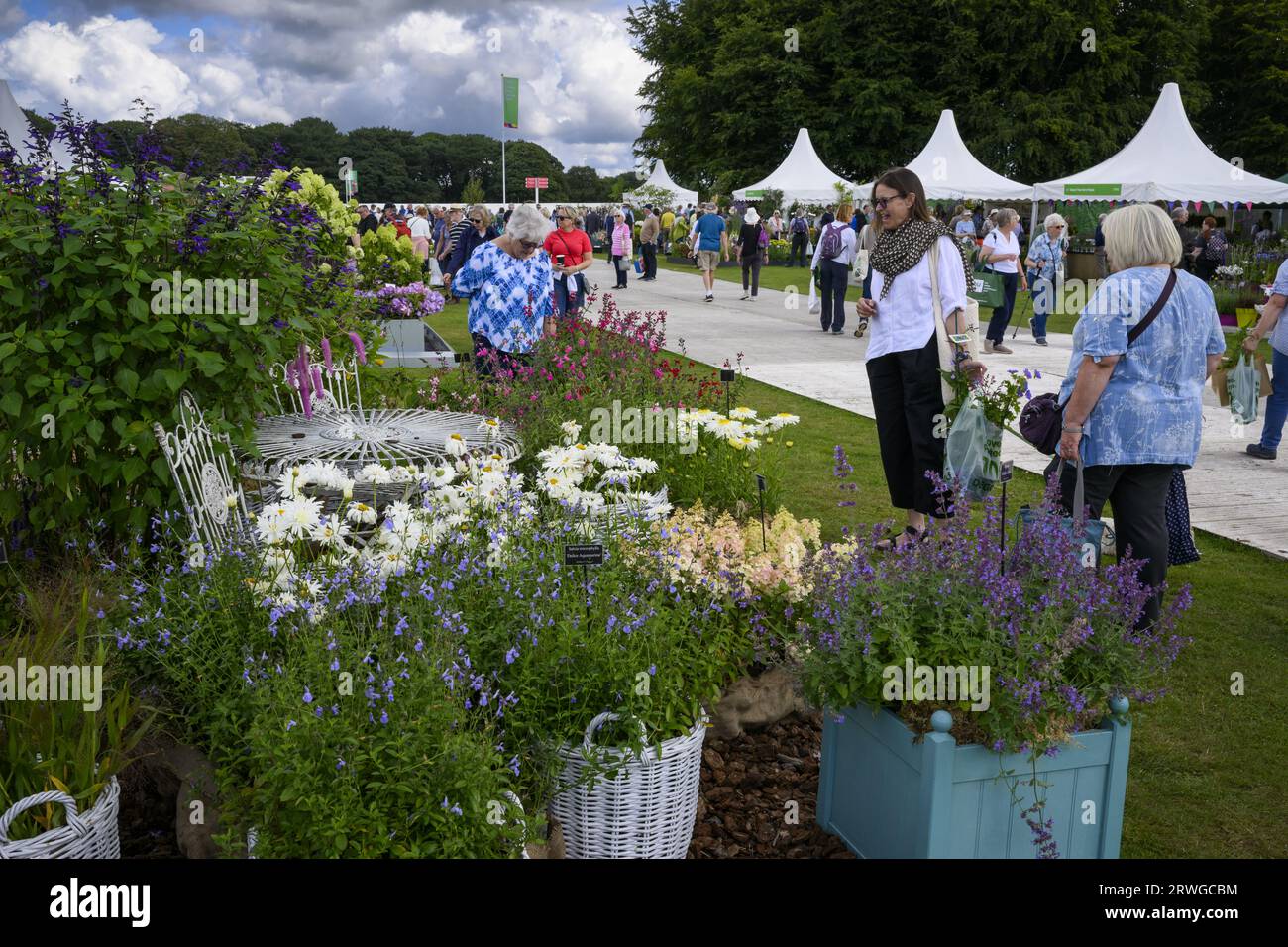 Visitors & trade stands (people view showground exhibitor's display, patio furniture seating) - RHS Flower Show Tatton Park 2023, Cheshire England UK. Stock Photo
