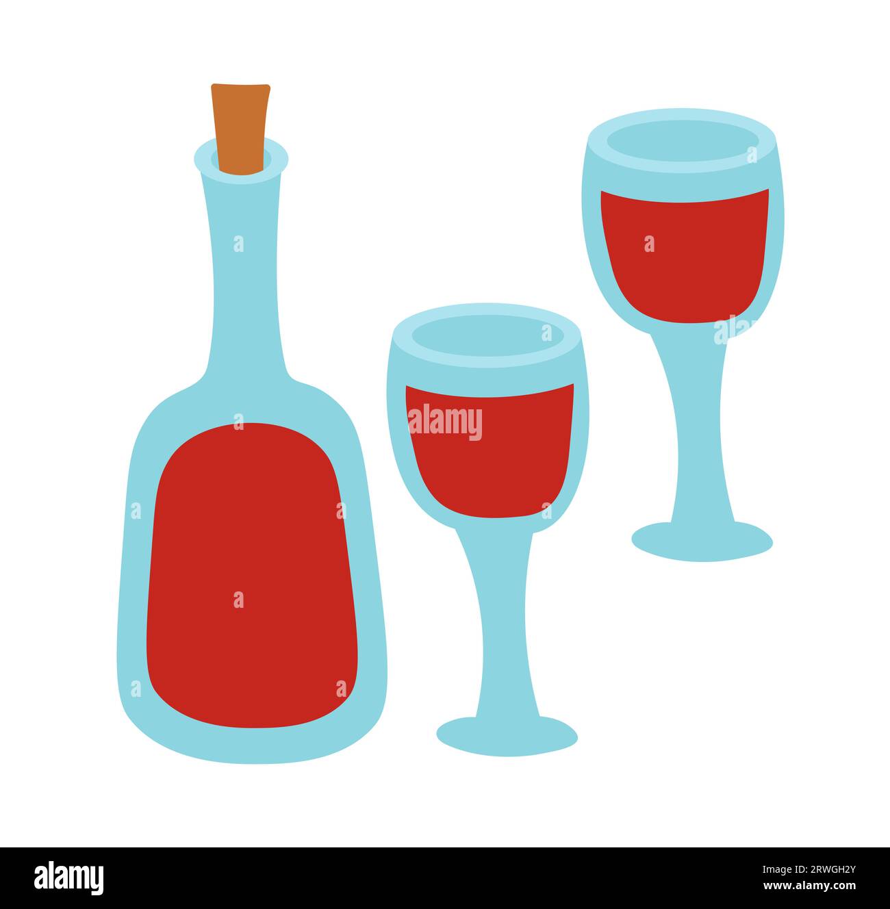 Two glasses and red wine bottle. Vector flat illustration. Stock Vector
