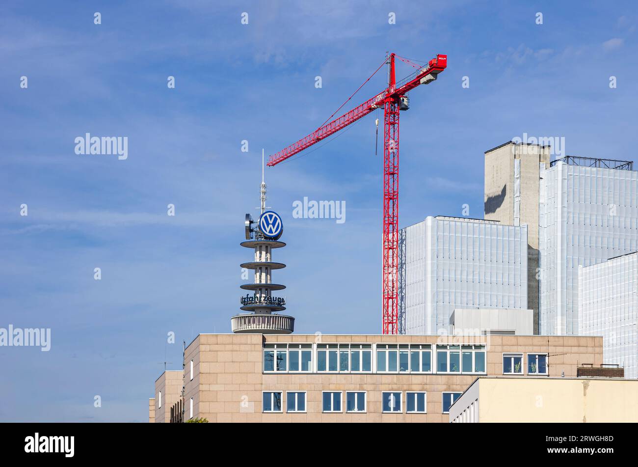 View of the Hanover Old Television Tower with VW logo, popularly known as VW Tower and Telemoritz, Hanover, Lower Saxony, Germany. Stock Photo
