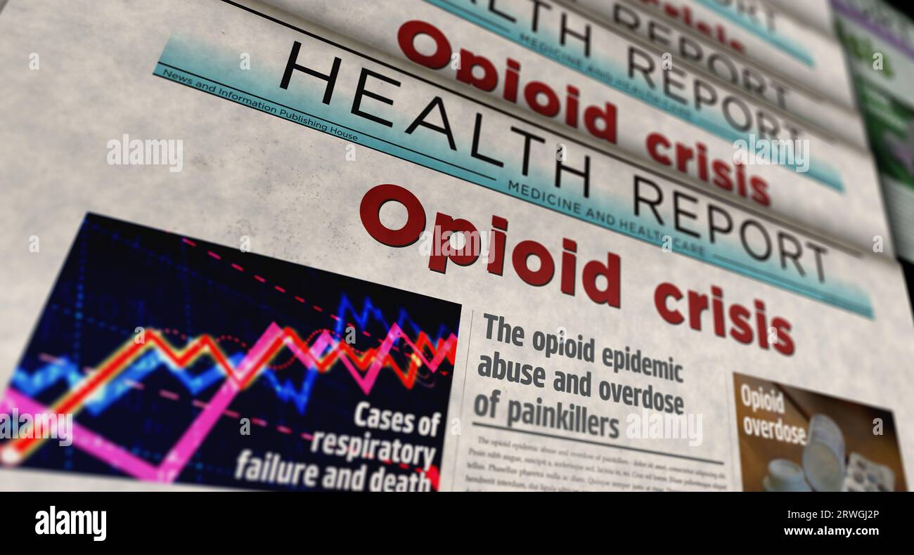 Opioid crisis painkiller abuse and overdose problem vintage news and newspaper printing. Abstract concept retro headlines 3d illustration. Stock Photo