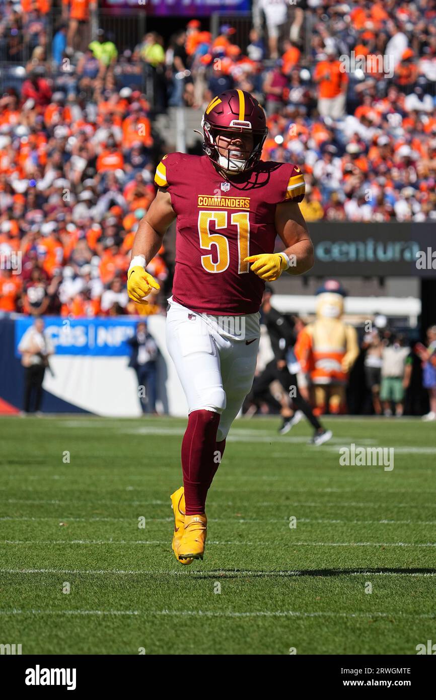 Washington Commanders linebacker David Mayo (51) against the Denver Broncos  of an NFL football game Sunday September 17, 2023, in Denver. (AP  Photo/Bart Young Stock Photo - Alamy