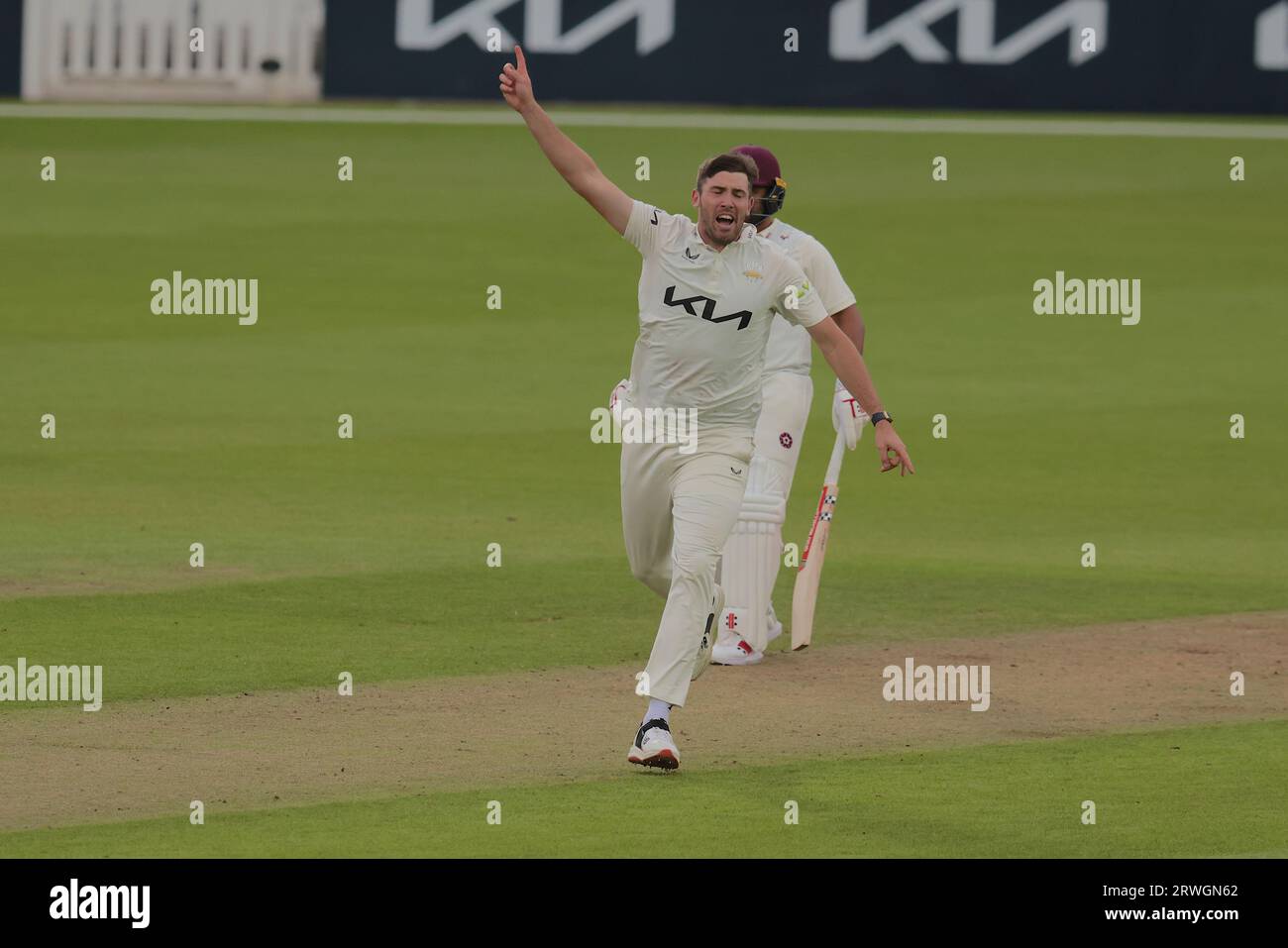 London, UK. 19th Sep, 2023. Surrey's Jamie Overton celebrates after getting the wicket of Saif Zaib as Surrey take on Northamptonshire in the County Championship at the Kia Oval, day one. Credit: David Rowe/Alamy Live News Stock Photo