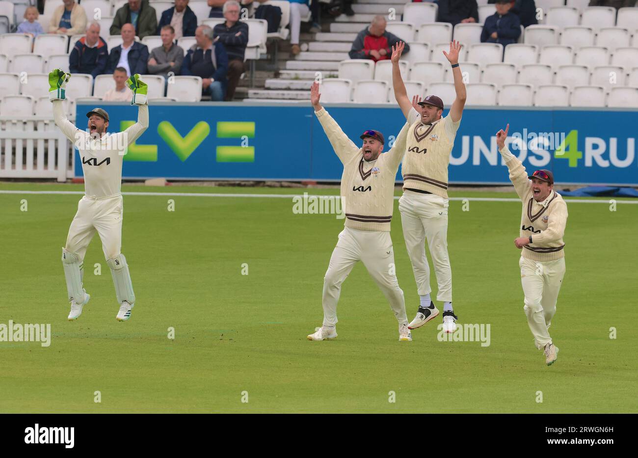 London, UK. 19th Sep, 2023. The big appeal as Surrey take on Northamptonshire in the County Championship at the Kia Oval, day one. Credit: David Rowe/Alamy Live News Stock Photo