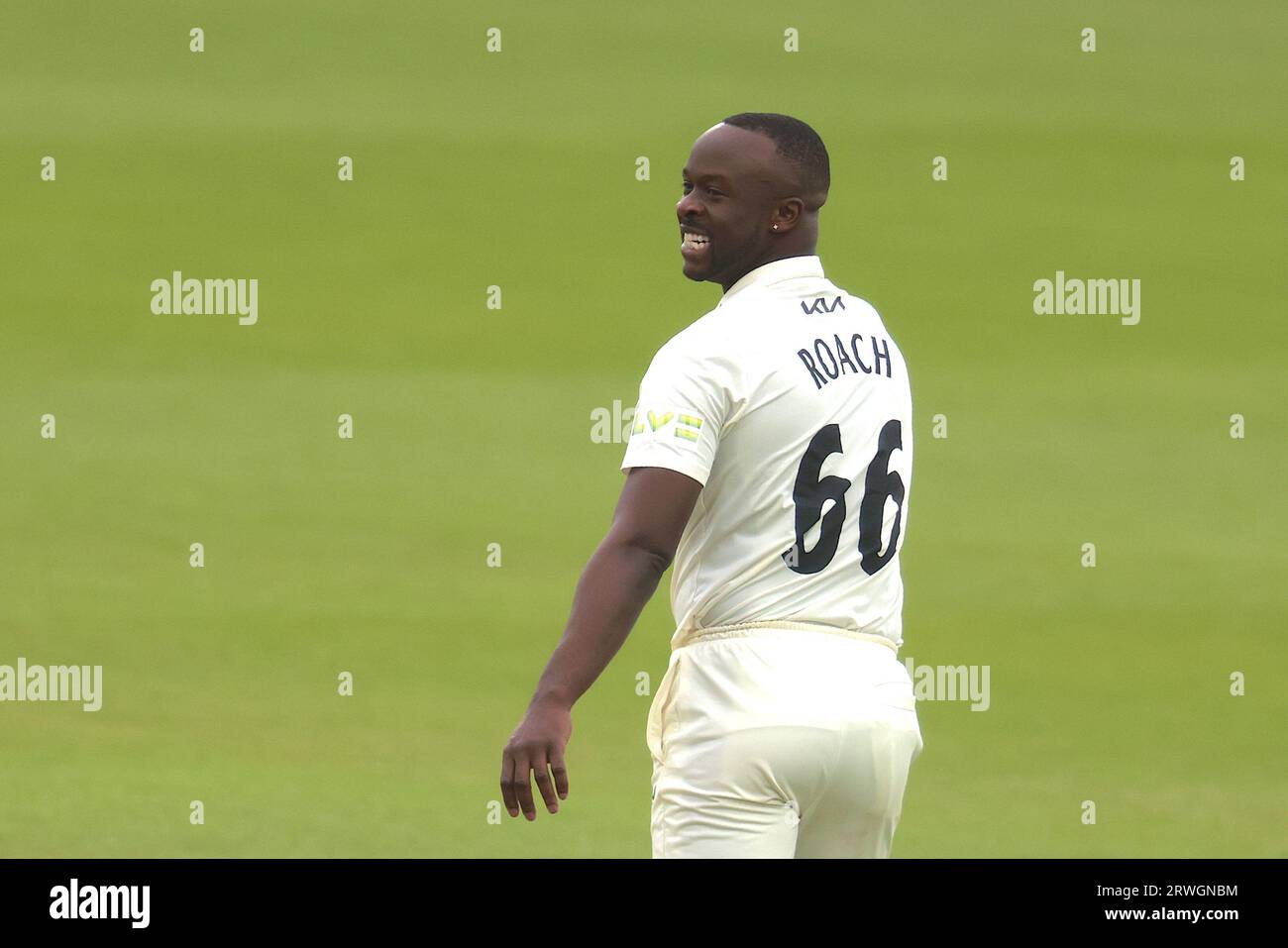 London, UK. 19th Sep, 2023. Surrey's Kemar Roach bowling as Surrey take on Northamptonshire in the County Championship at the Kia Oval, day one. Credit: David Rowe/Alamy Live News Stock Photo