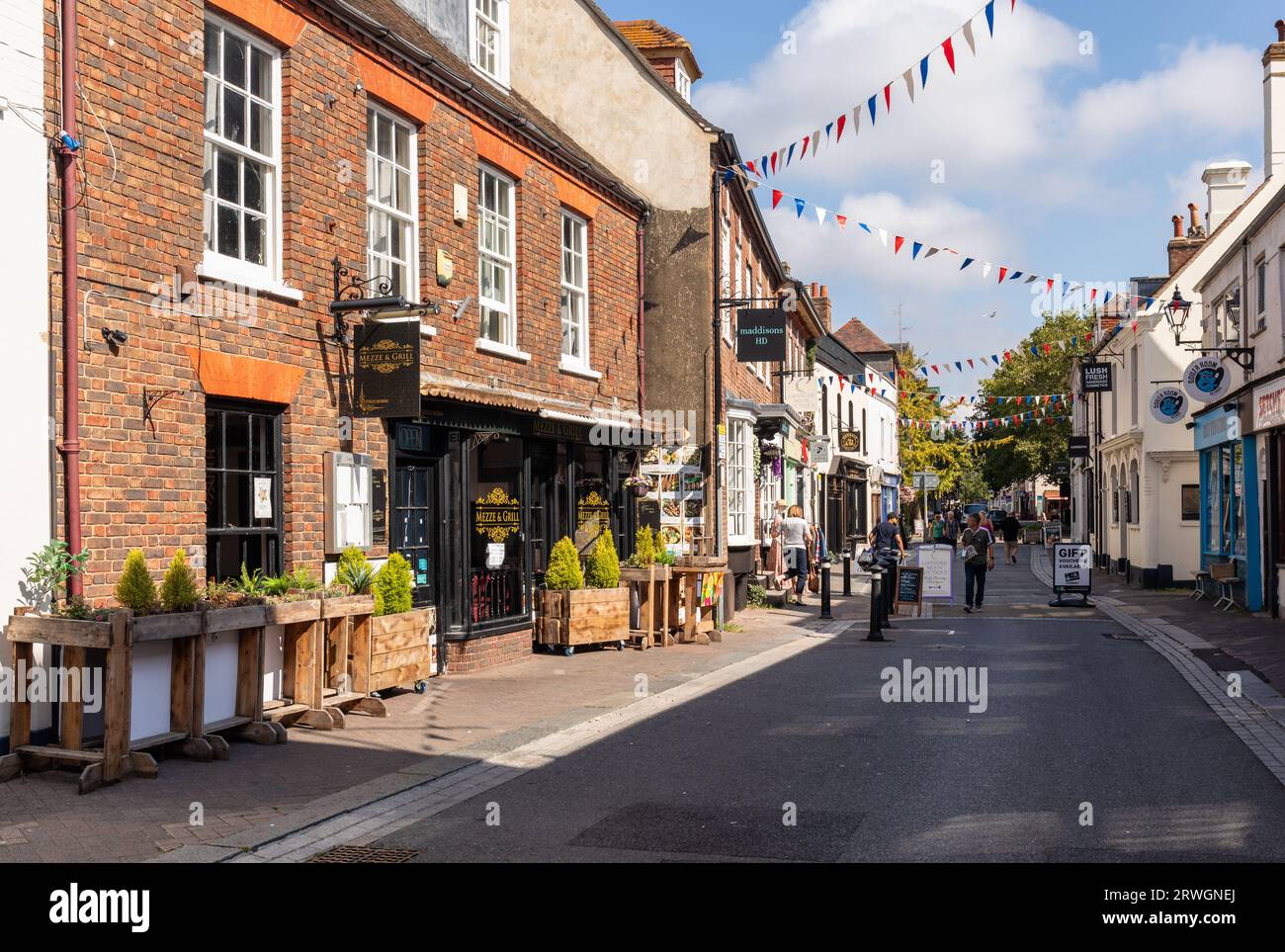Picturesque Poole High Street with Mezze and Grill Turkish Restaurant and shops, Poole, Dorset, England, UK Stock Photo