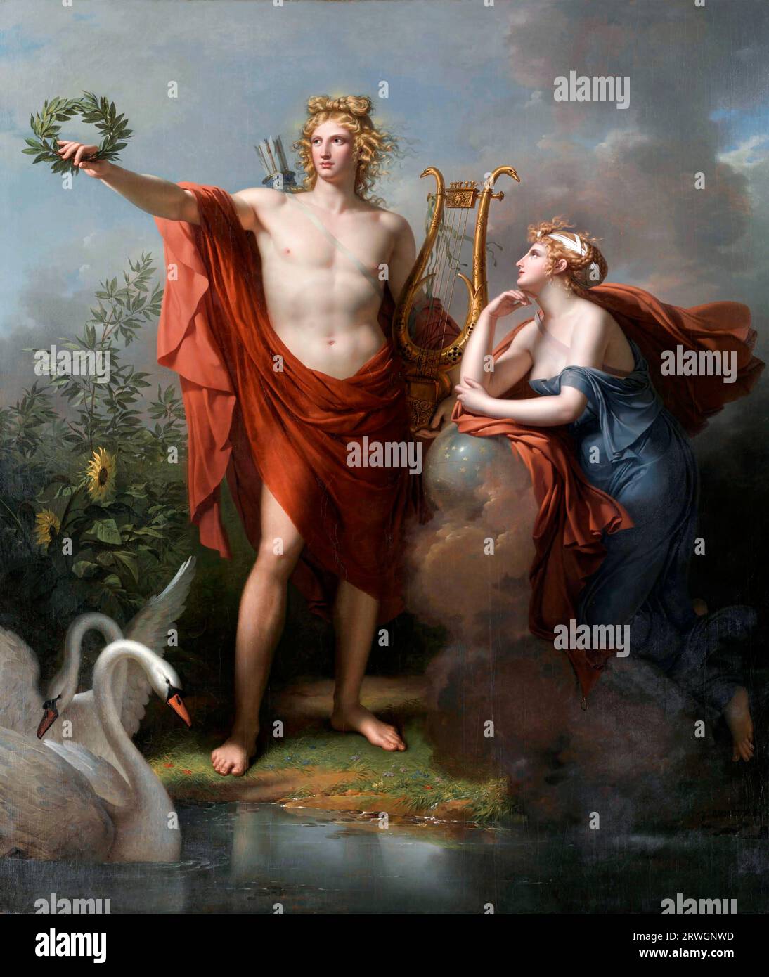 Apollo, God of Light, Eloquence, Poetry and the Fine Arts with Urania, Muse of Astronomy by the French artist, Charles Meynier (C. 1763-1768- 1832), oil on canvas, 1798 Stock Photo