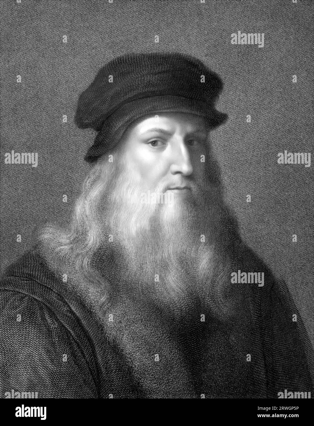 Portrait of Leonardo da Vinci, engraving by Raffaello Sanzio Morghen Stock Photo