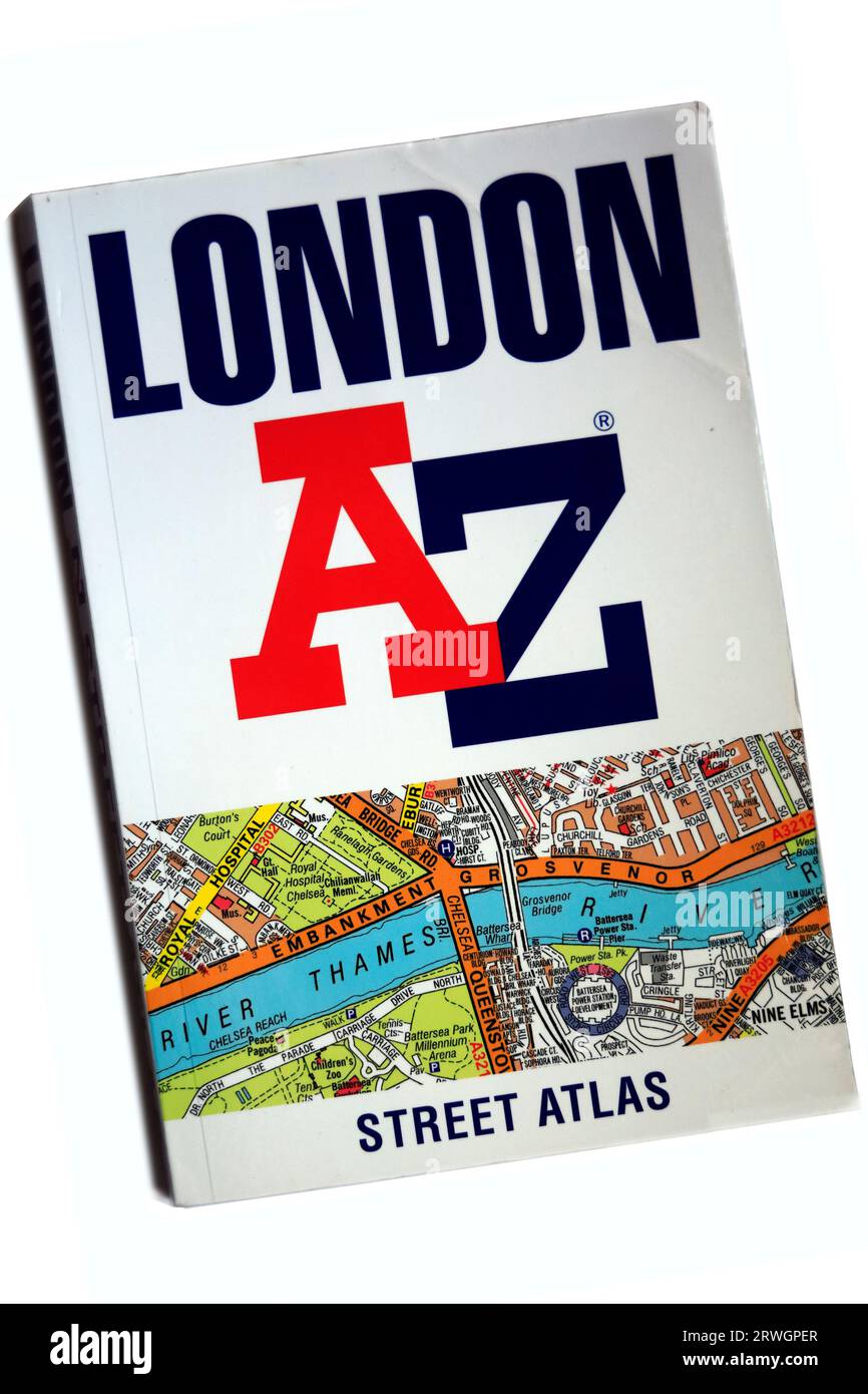 London AZ Street Atlas map book Book cover, white background, studio setup Stock Photo Alamy