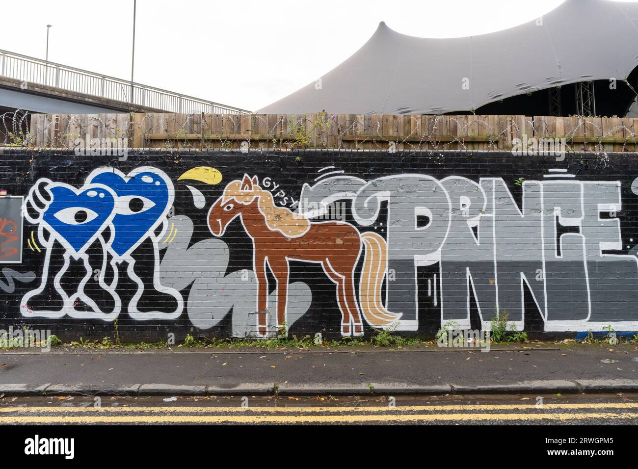 A wall of street art by Mul Draws in the Ouseburn area of the city of