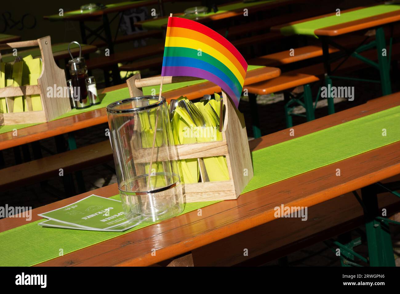 LGBTQ+ friendly table at Stuttgarter Weindorf 2023 showing that guests of the LGBTQ+ community are welcome Stock Photo