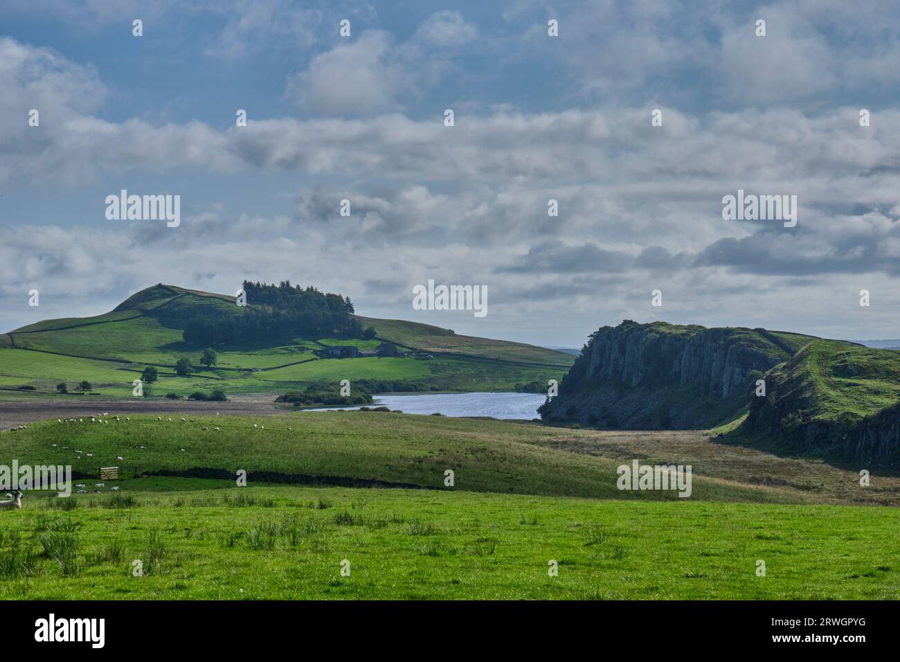 Peel Crags, Highshield Crags, Crag Lough, and Hotbank Crags, with Hadrian's Wall, seen from Steel Rigg, near Once Brewed, Bardon Mill, Northumberland Stock Photo