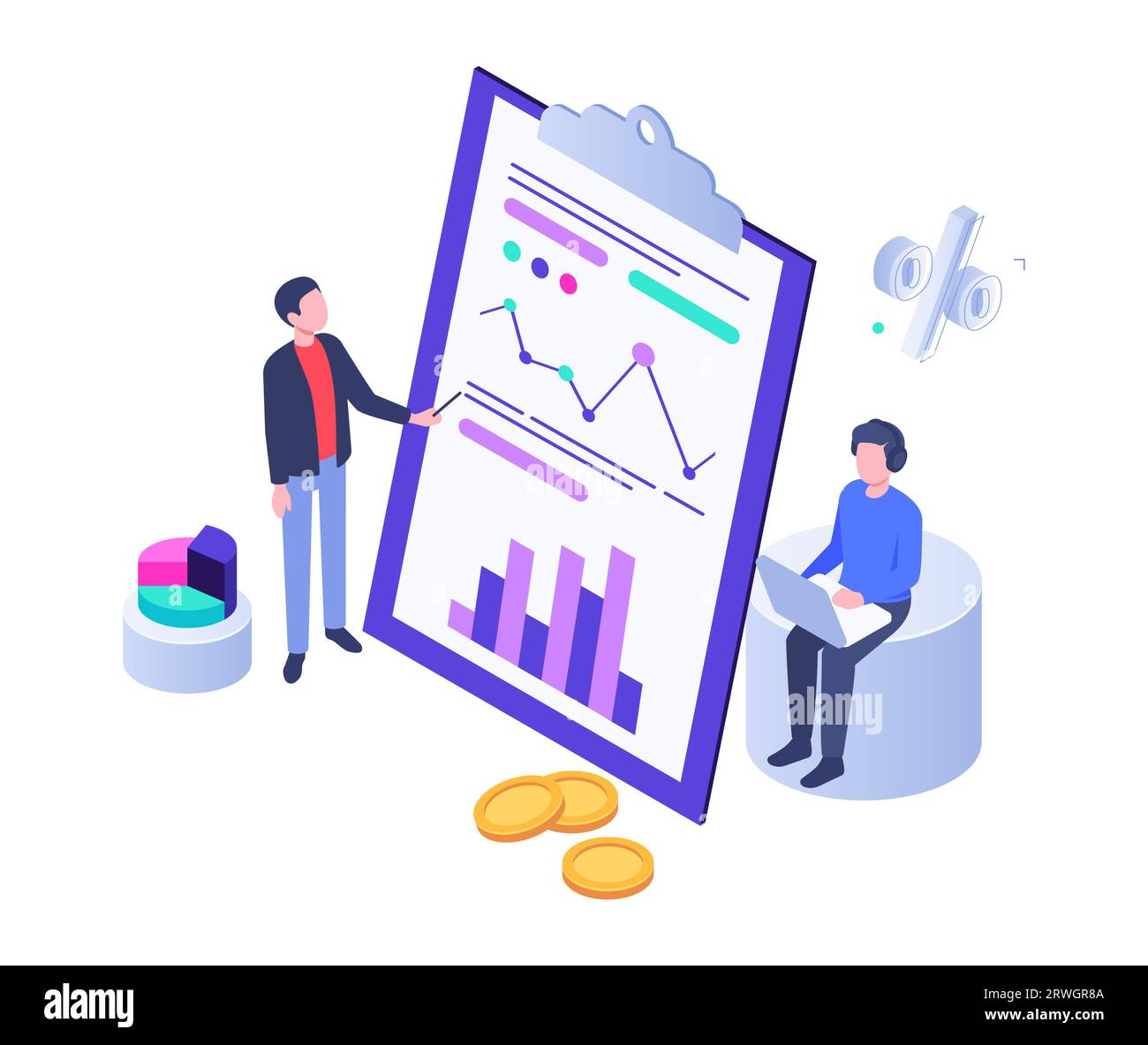 Isometric business analysis with chart and graphics Stock Vector