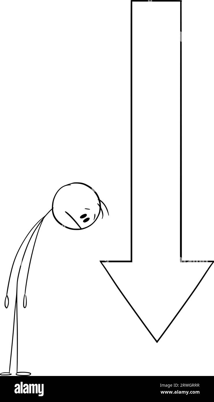 Person Looking at Down Arrow, Vector Cartoon Stick Figure Illustration Stock Vector