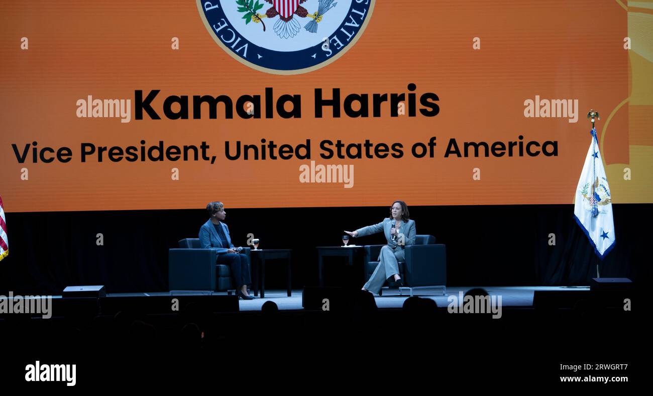 July 29, 2023 Boston, Massachusetts, USA United States Vice President Kamala Harris delivering