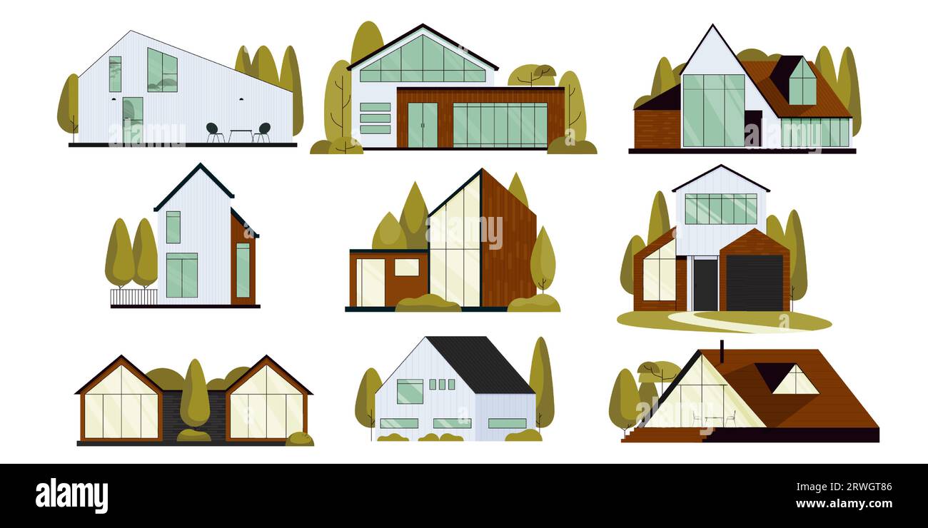 Modern suburban villas. Luxury house with terrace and garden. Urban