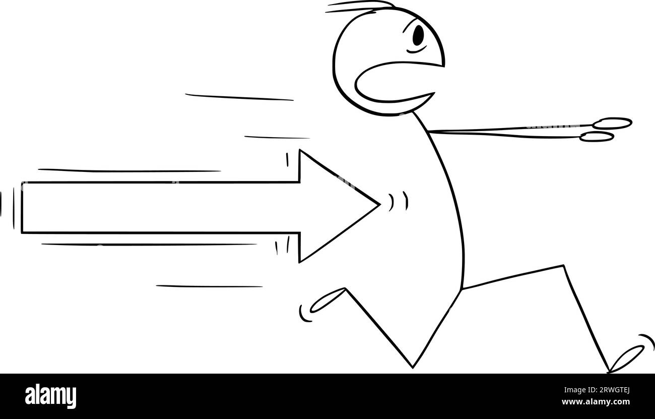 Person Running Away from Arrow, Vector Cartoon Stick Figure Illustration Stock Vector