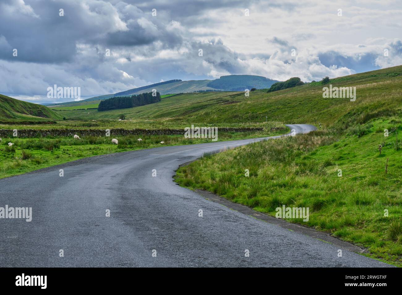 A minor road snaking its way through the Liddell Valley near Saughtree, Scottish Borders, Scotland Stock Photo