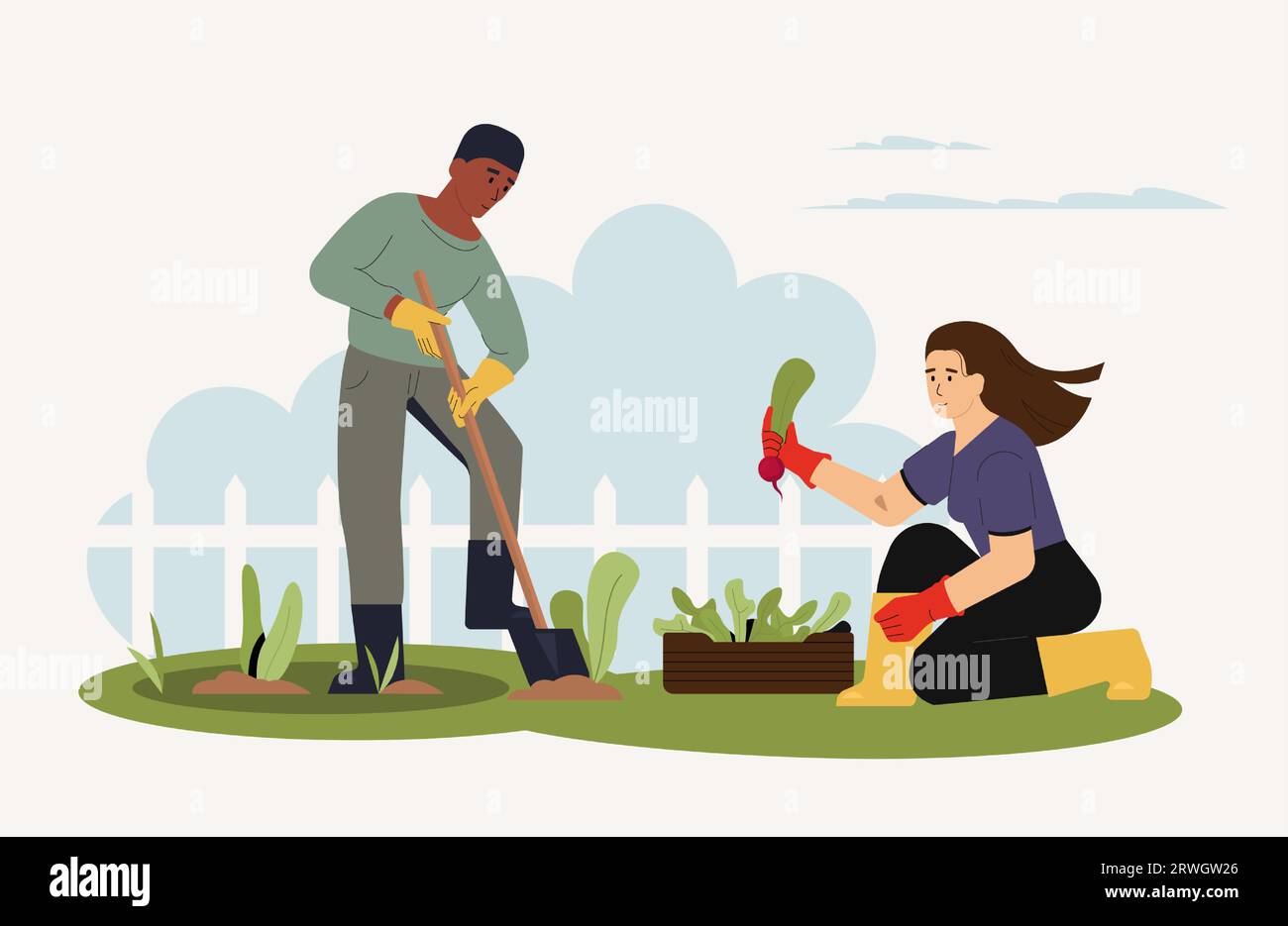 Agricultural employees working in garden with tools Stock Vector Image