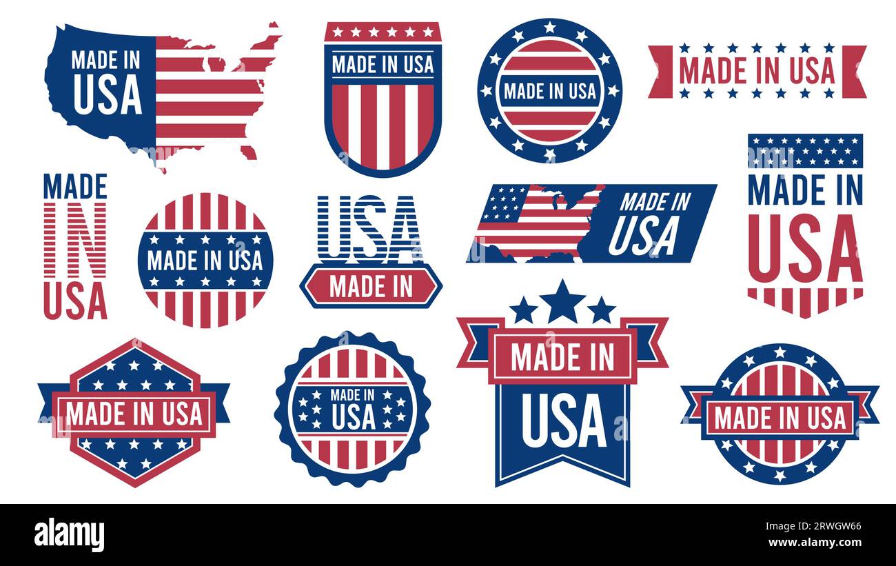 Made in USA badges. American national flag label with text and seal, vintage usa stamp with guarantee. Vector patriotic emblem set Stock Vector