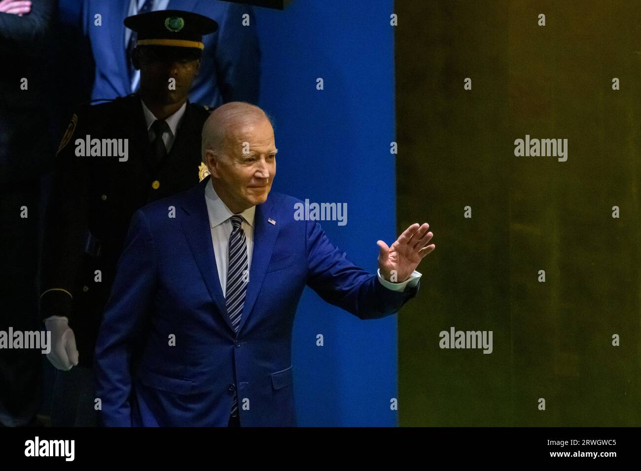 New York, USA. 19th Sep, 2023. United States President Joseph Biden waves as he enters de General Assembly Hall to address the opening session of the 78th UN General Assembly at the UN headquarters. Credit: Enrique Shore/Alamy Live News Stock Photo