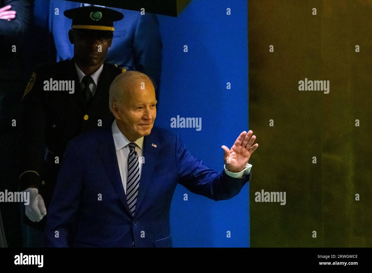 New York, USA. 19th Sep, 2023. United States President Joseph Biden waves as he enters de General Assembly Hall to address the opening session of the 78th UN General Assembly at the UN headquarters. Credit: Enrique Shore/Alamy Live News Stock Photo