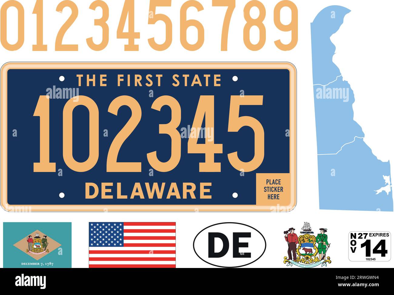Delaware car license plate pattern, numbers and symbols, vector illustration, USA Stock Vector