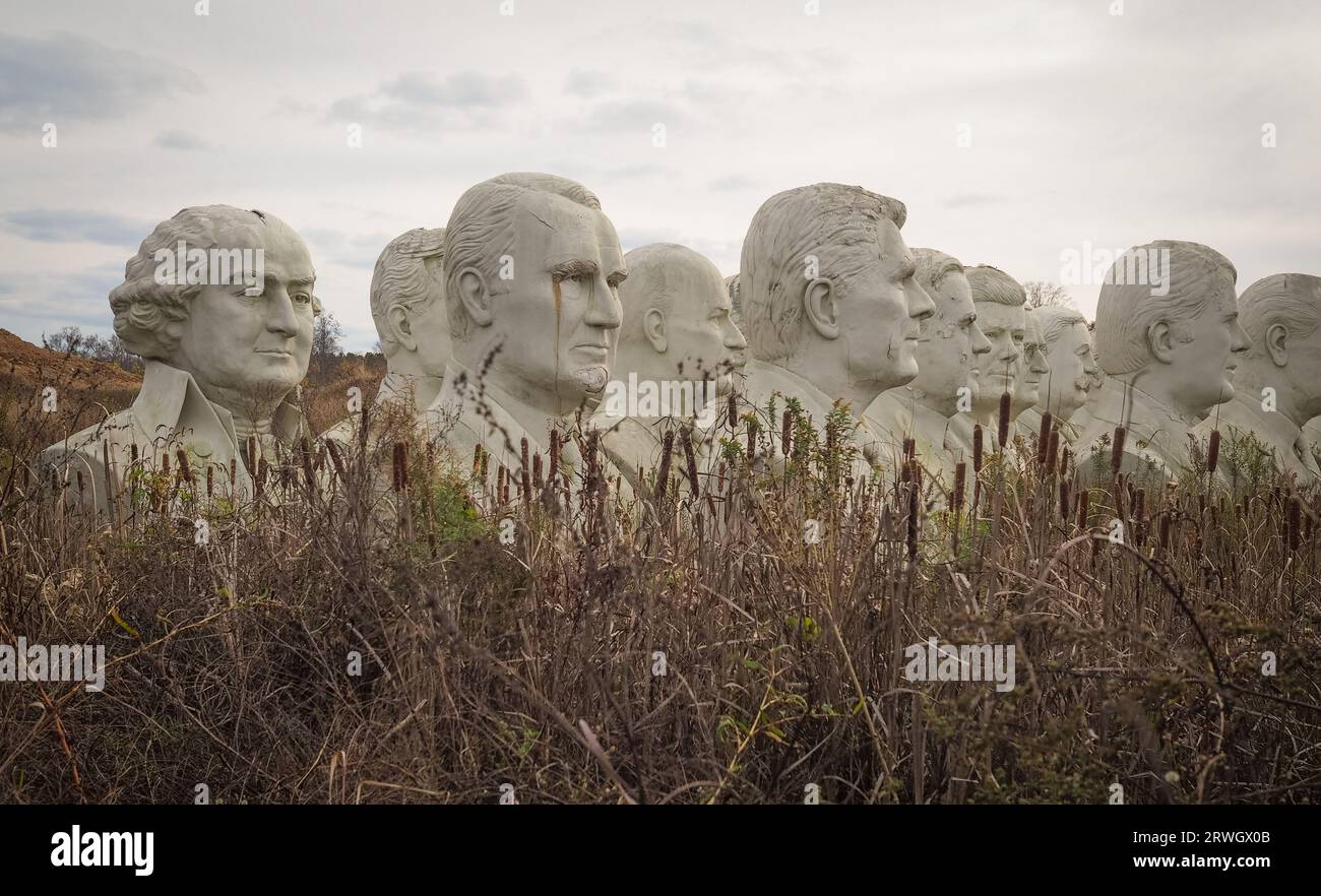 These Presidential heads are located in a field in Virginia somewhere near Williamsburg. Photo by Liz Roll Stock Photo