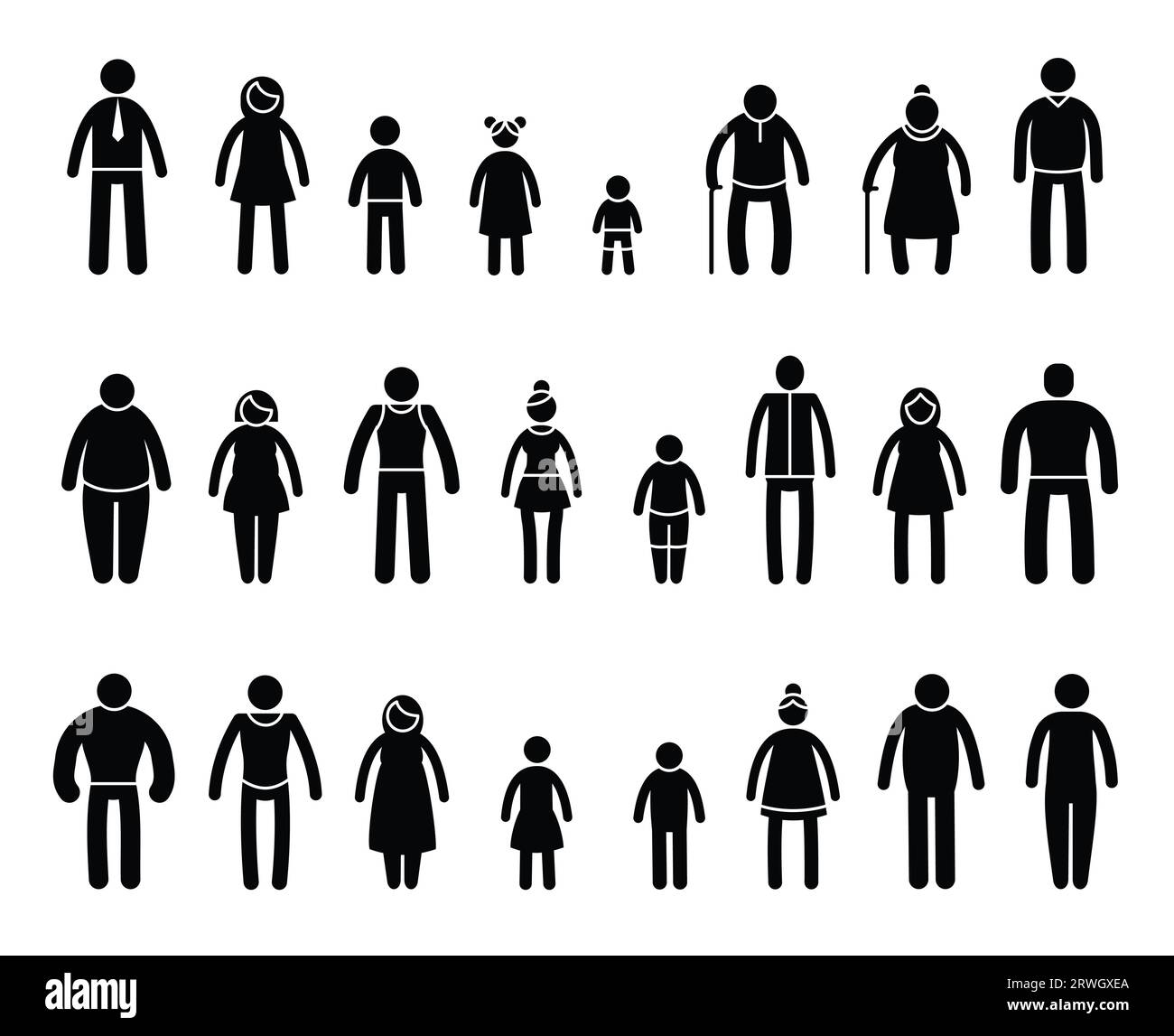 Stick family people. Cartoon muscular and skinny male and female characters, stick family members with different body types and ages. Vector isolated Stock Vector