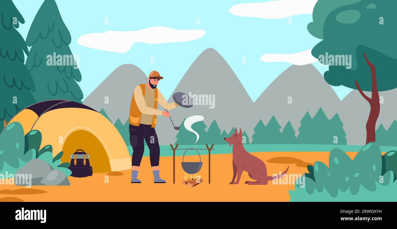 Man hunter cooking on fire outdoors on field kitchen in camping site