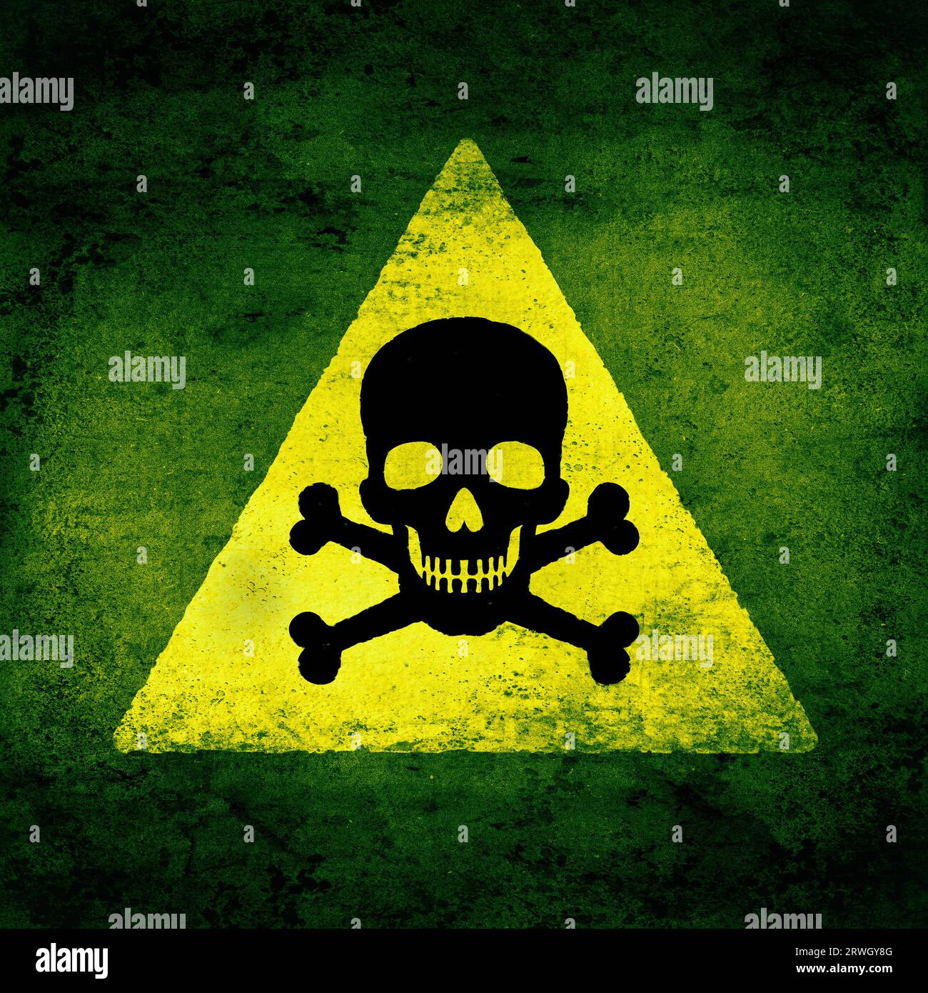 Skull and bones icon, yellow and black on green. Death threat sign, grunge textured Stock Photo
