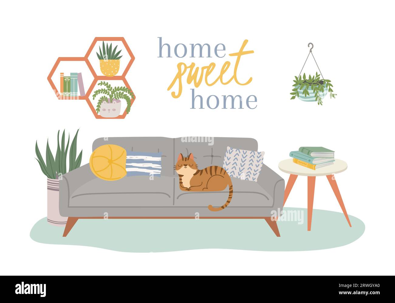 Scandic cozy interiors, sweet home with cat Stock Vector